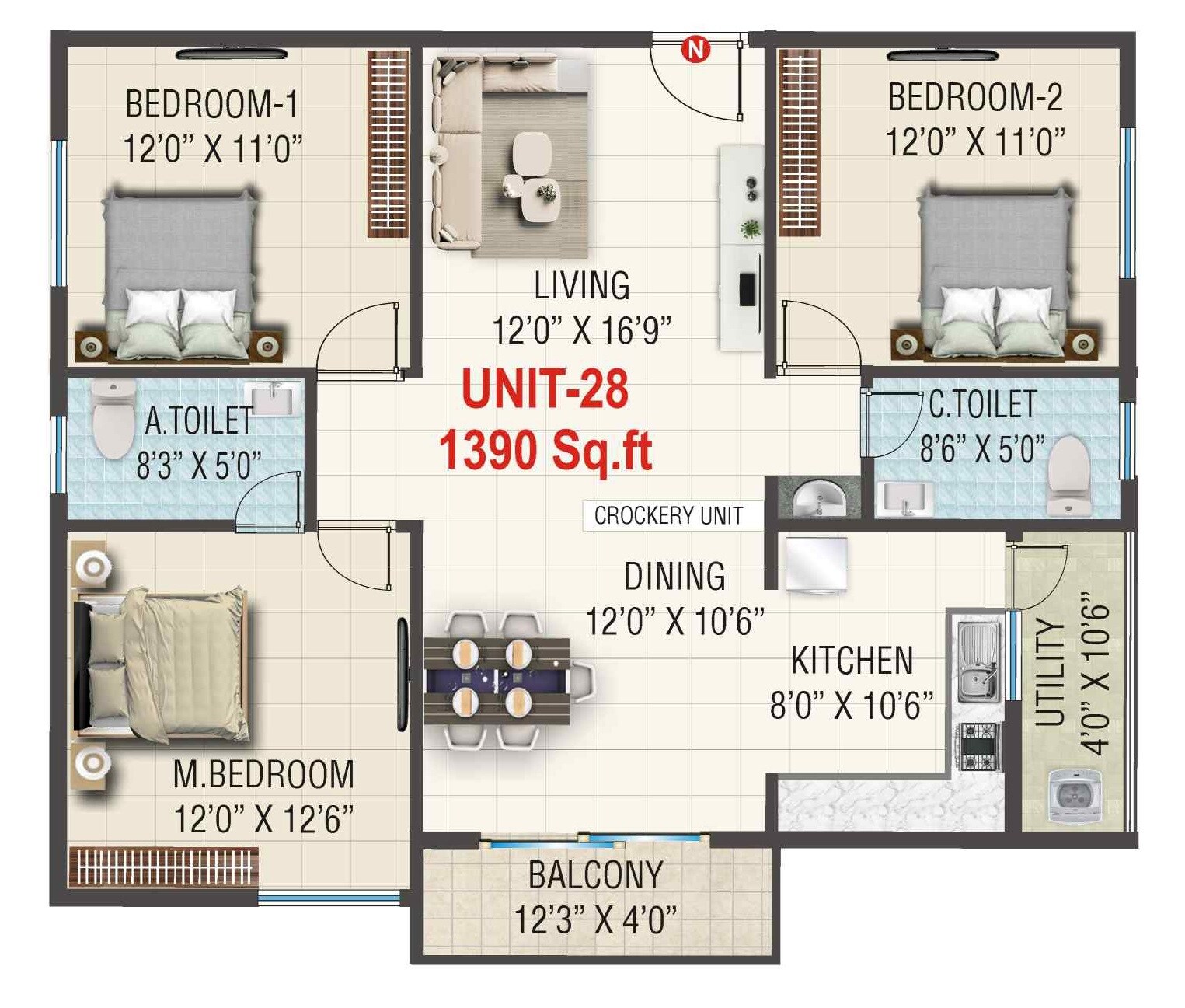 Floor plan of 3 BHK 1390 Sq. Ft. Apartment in Sai Garden Square, Bangalore