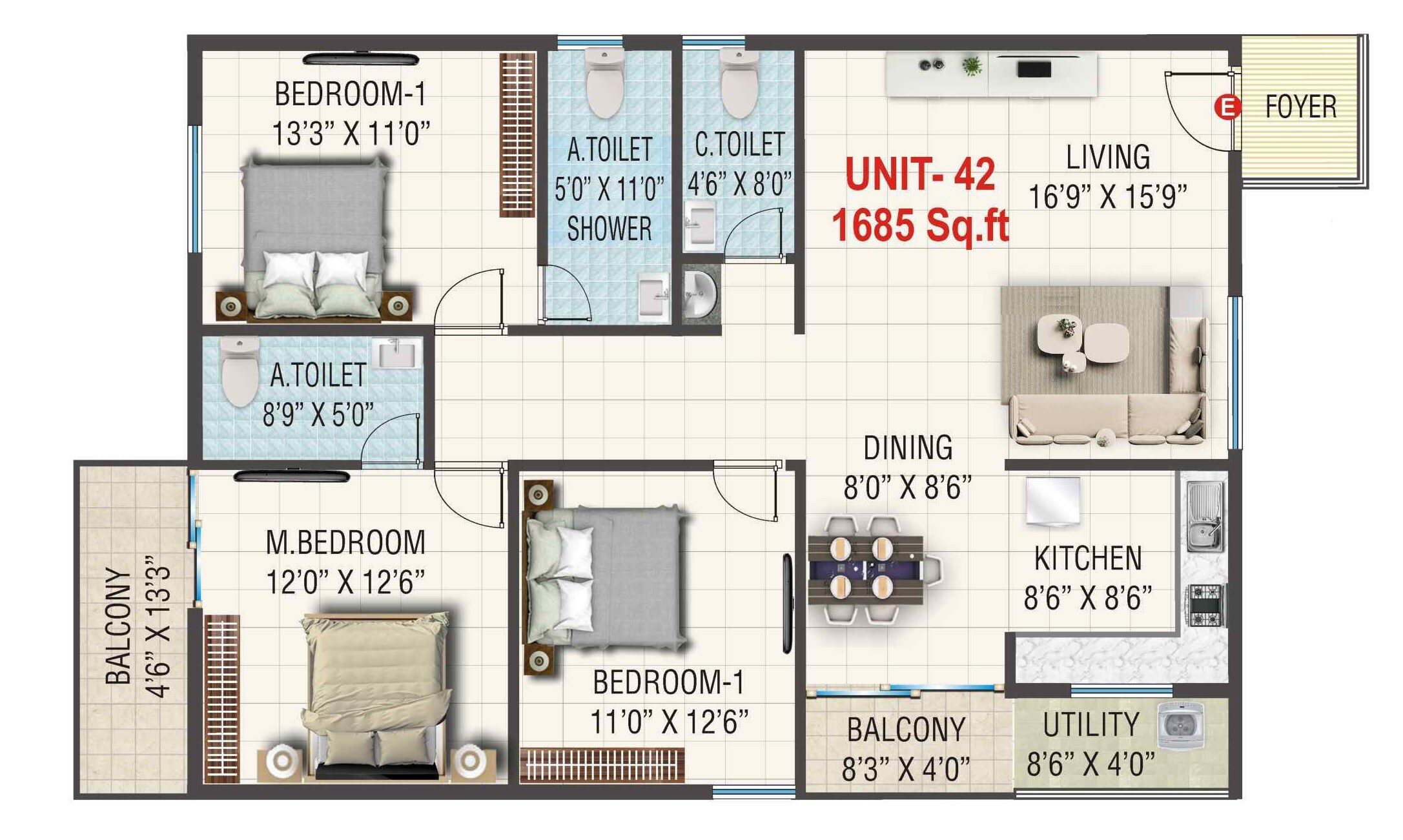 Floor plan of 3 BHK 1685 Sq. Ft. Apartment in Sai Garden Square, Bangalore