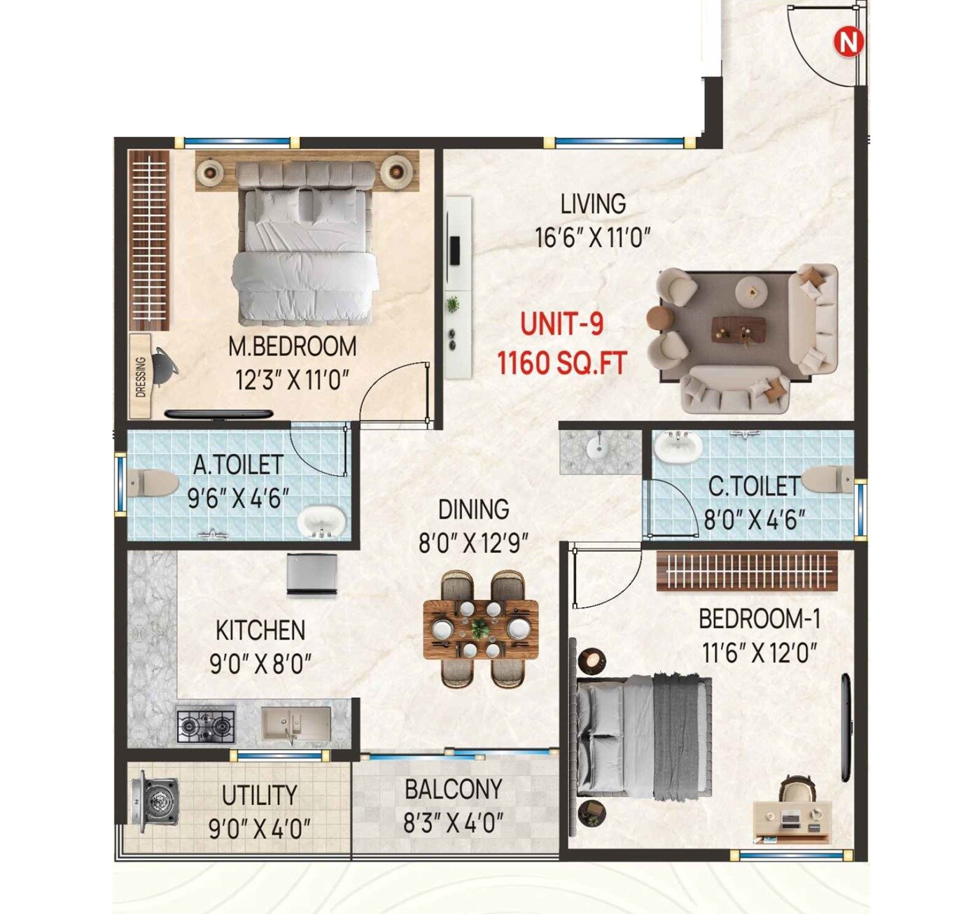 Floor plan of 2 BHK Apartment - 1160 sq. ft. in Sai Golden Horizon, Bangalore