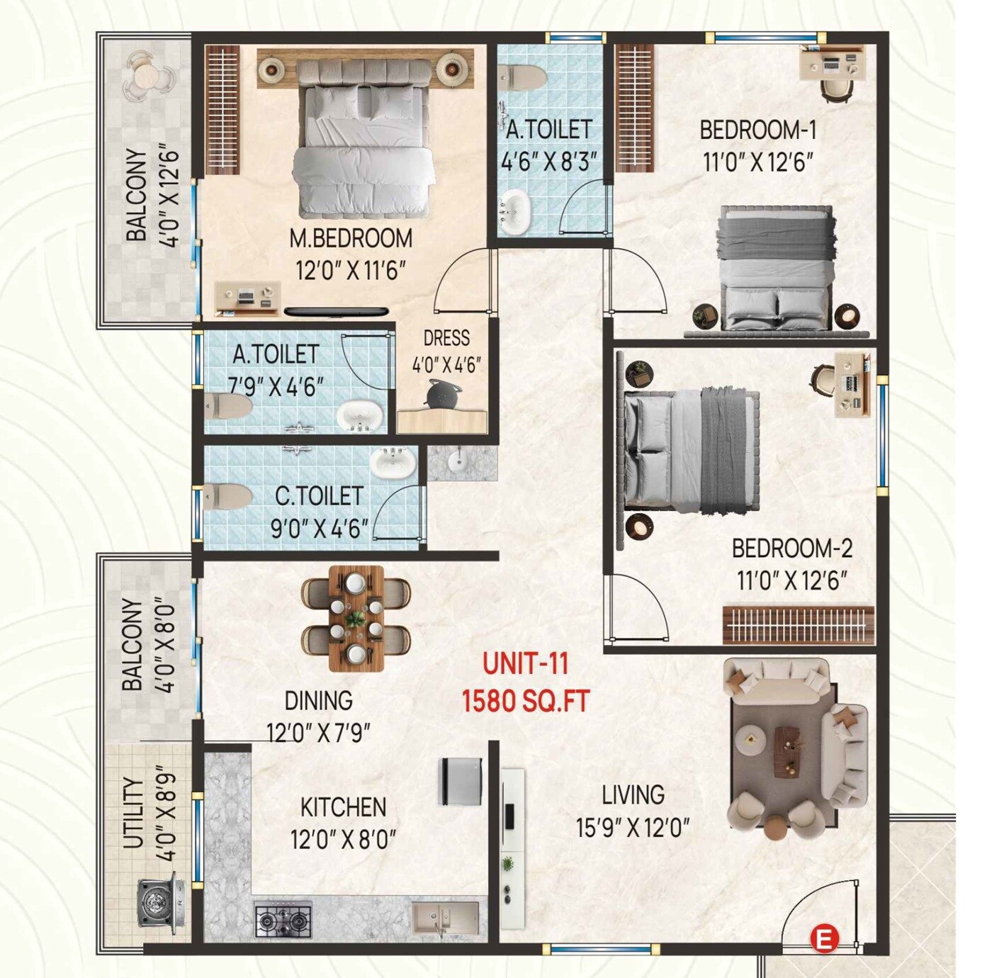 3 BHK 1580 Sq. Ft. Apartment