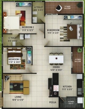 Floor plan of 3 BHK Apartment - 1594 sq. ft. in Sai Kalyan Pardus, Bangalore