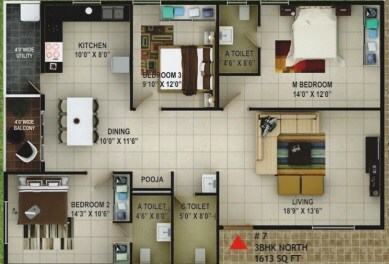 Floor plan of 3 BHK Apartment - 1613 sq. ft. in Sai Kalyan Pardus, Bangalore