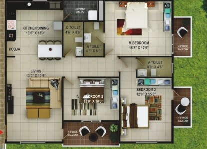 Floor plan of 3 BHK Apartment - 1756 sq. ft. in Sai Kalyan Pardus, Bangalore