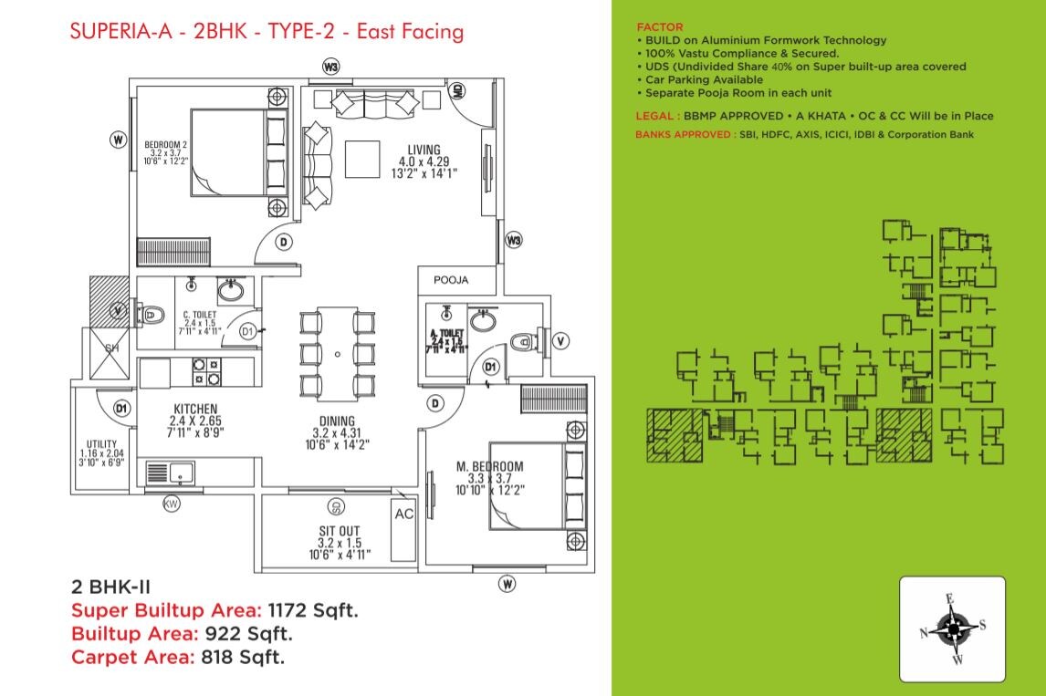 Floor plan of 2 BHK Apartment - 818 sq. ft. in Sai Kalyan Superia, Bangalore