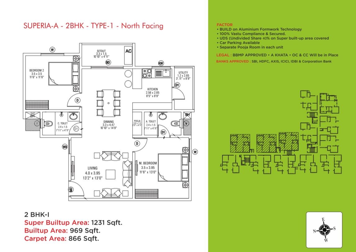Floor plan of 2 BHK Apartment - 866 sq. ft. in Sai Kalyan Superia, Bangalore