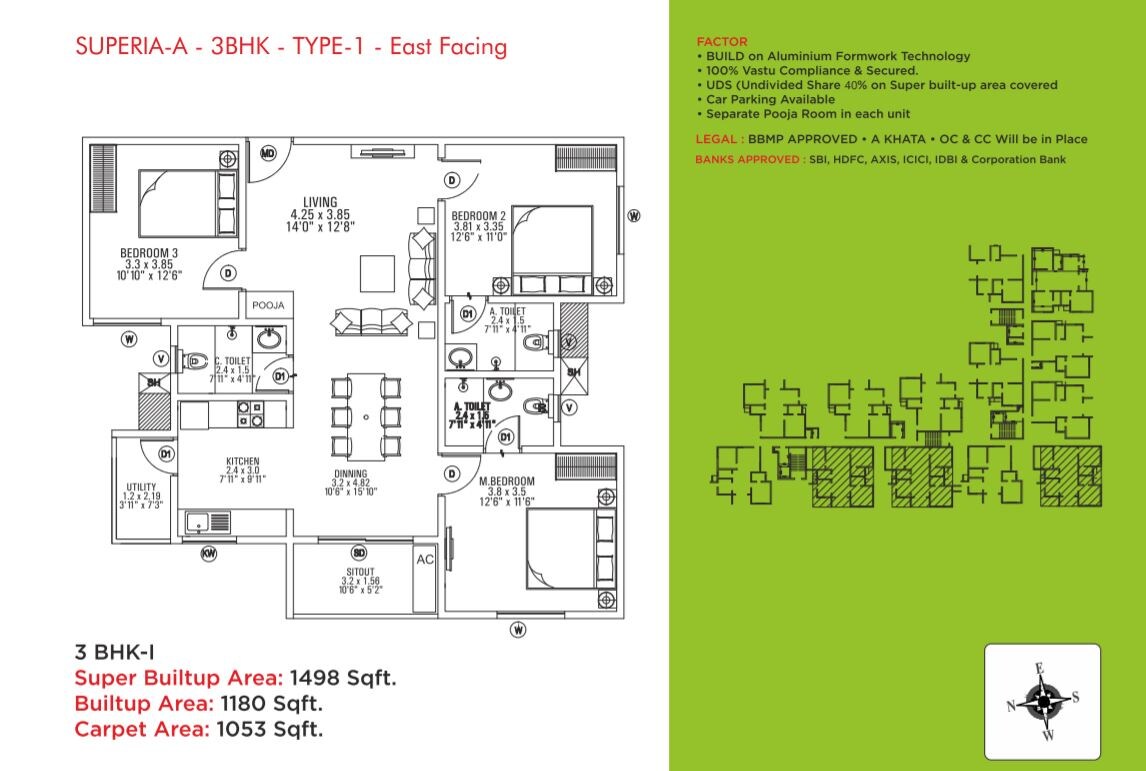 Floor plan of 3 BHK Apartment - 1053 sq. ft. in Sai Kalyan Superia, Bangalore