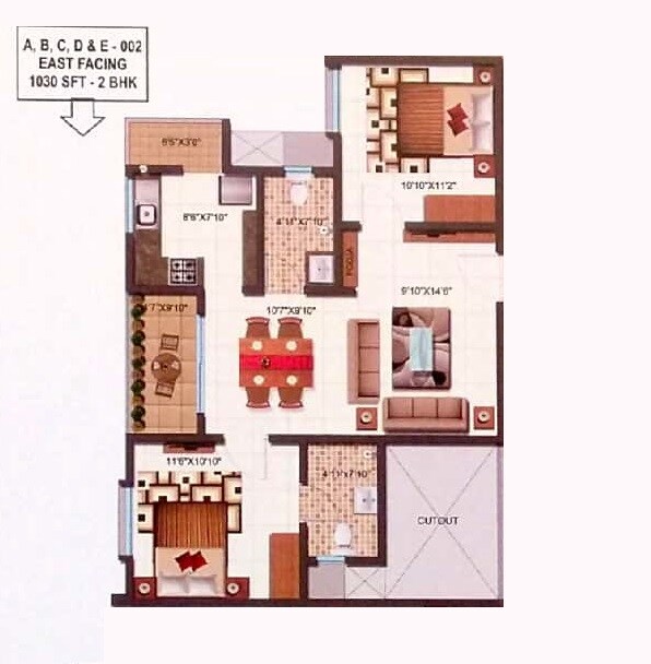 Floor plan of 2 BHK 1030 Sq. Ft. Apartment in Sai Kalyan Ultima, Bangalore