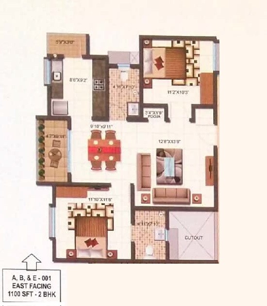 Floor plan of 2 BHK 1100 Sq. Ft. Apartment in Sai Kalyan Ultima, Bangalore