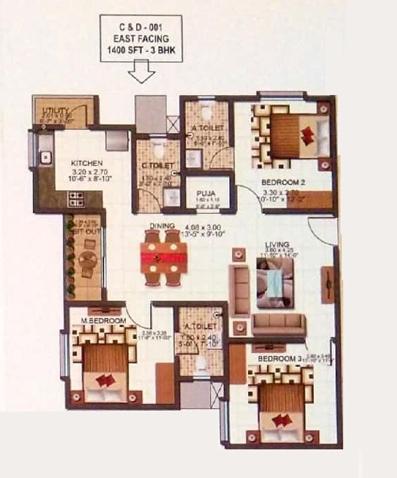 Floor plan of 3 BHK 1400 Sq. Ft. Apartment in Sai Kalyan Ultima, Bangalore