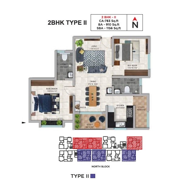 Floor plan of 2 BHK 1156 Sq. Ft. Apartment in Sai Kalyan Water Edge, Bangalore