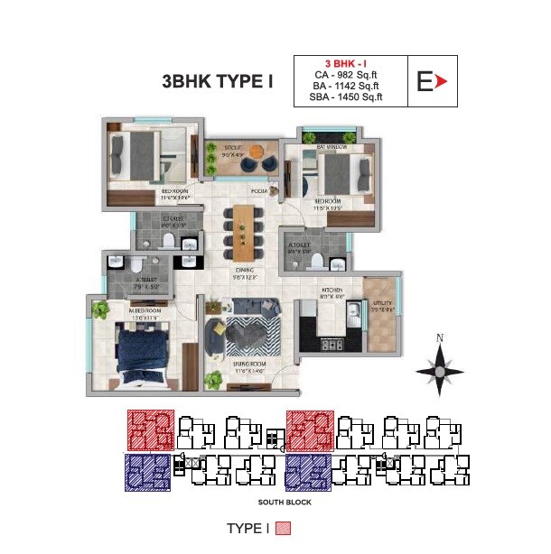Floor plan of 3 BHK 1427 Sq. Ft. Apartment in Sai Kalyan Water Edge, Bangalore