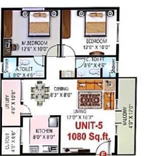Floor plan of 2 BHK 1080 Sq. Ft. Apartment in Sai Kiran Sai Vaibhav, Bangalore