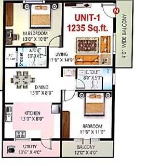 Floor plan of 2 BHK 1235 Sq. Ft. Apartment in Sai Kiran Sai Vaibhav, Bangalore