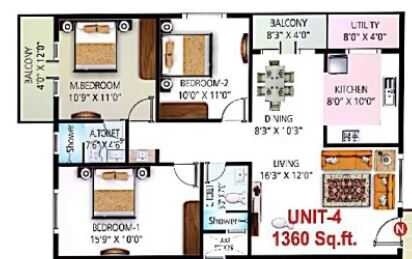 Floor plan of 3 BHK 1360 Sq. Ft. Apartment in Sai Kiran Sai Vaibhav, Bangalore