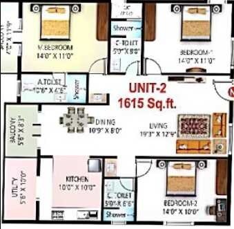 Floor plan of 3 BHK 1615 Sq. Ft. Apartment in Sai Kiran Sai Vaibhav, Bangalore