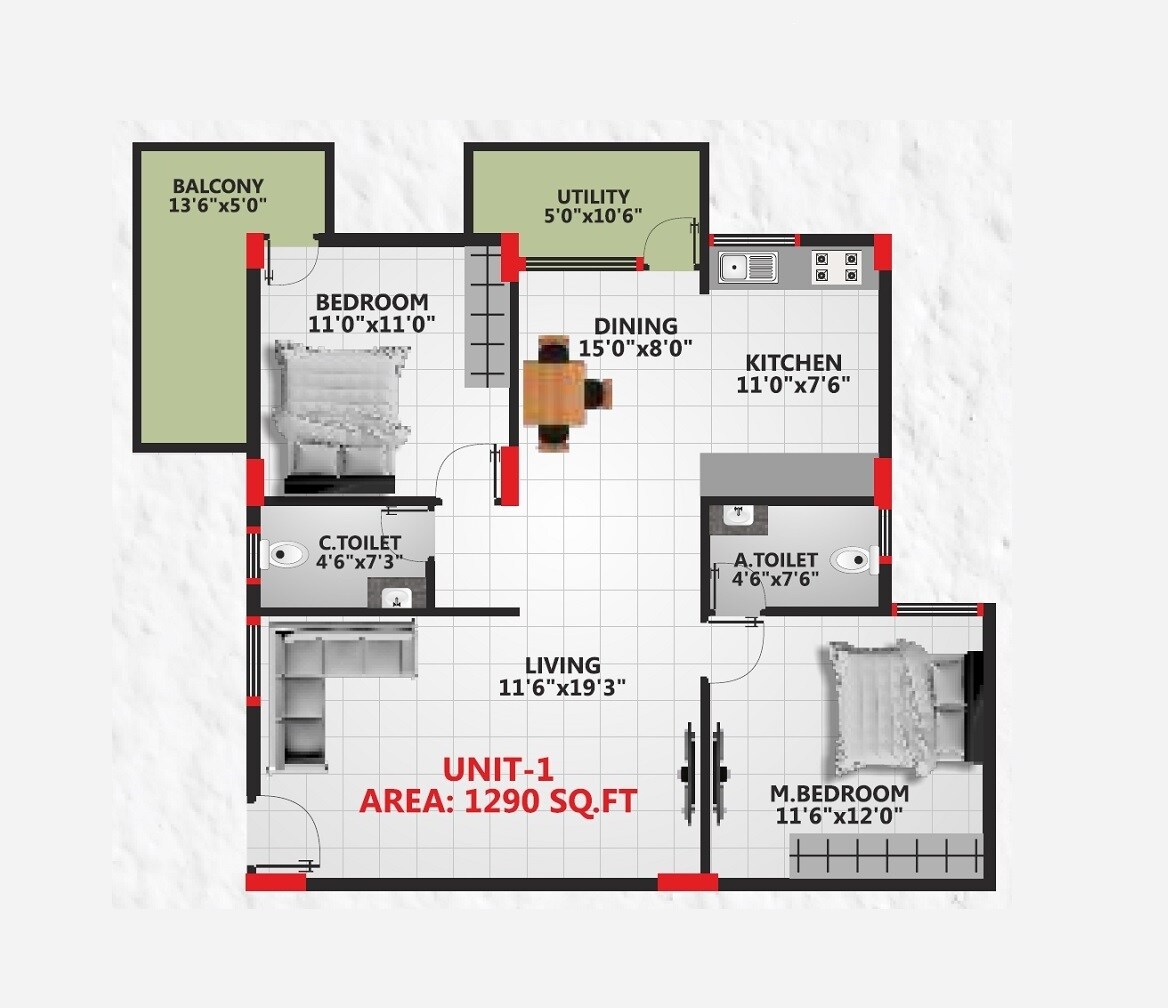Floor plan of 2 BHK 1290 Sq. Ft. Apartment in Sai Krishna Elite, Bangalore