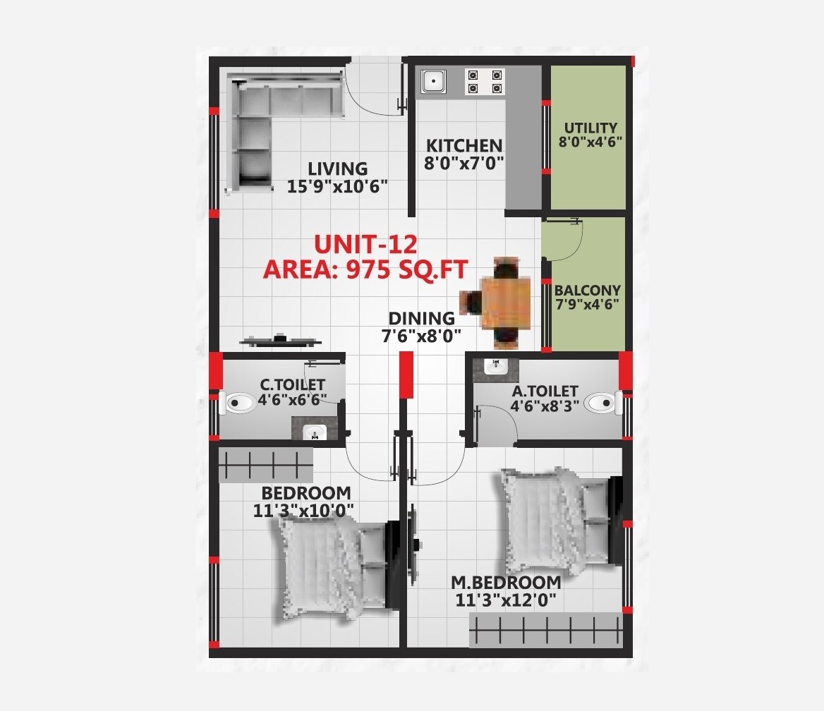 Floor plan of 2 BHK 975 Sq. Ft. Apartment in Sai Krishna Elite, Bangalore