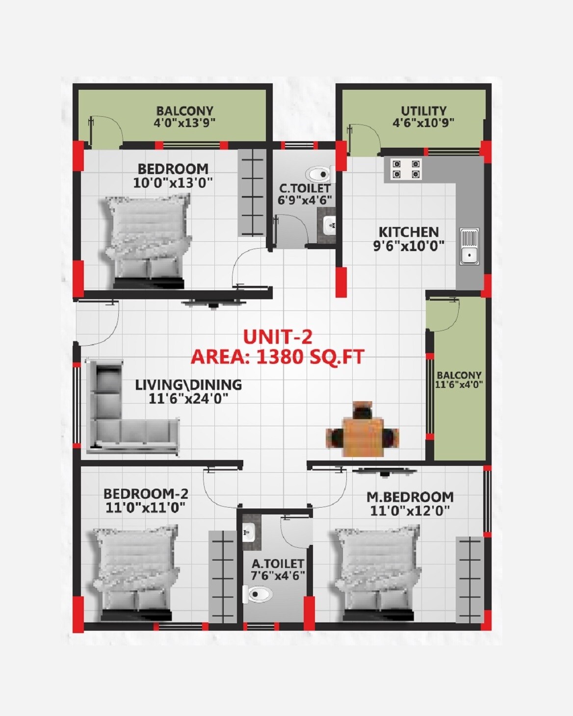 Floor plan of 3 BHK 1380 Sq. Ft. Apartment in Sai Krishna Elite, Bangalore