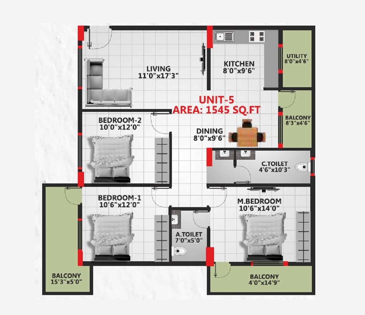 Floor plan of 3 BHK 1545 Sq. Ft. Apartment in Sai Krishna Elite, Bangalore