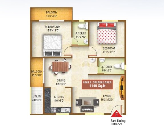 Floor plan of 2 BHK 1140 Sq. Ft. Apartment in Sai Nandana Gp Pride, Bangalore