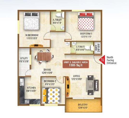 Floor plan of 3 BHK 1385 Sq. Ft. Apartment in Sai Nandana Gp Pride, Bangalore