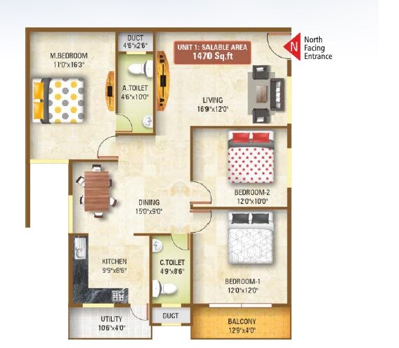 Floor plan of 3 BHK 1550 Sq. Ft. Apartment in Sai Nandana Gp Pride, Bangalore