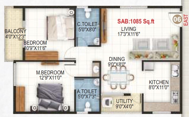 Floor plan of 2 BHK 1085 Sq. Ft. Apartment in Sai Nandana Grandeur, Bangalore