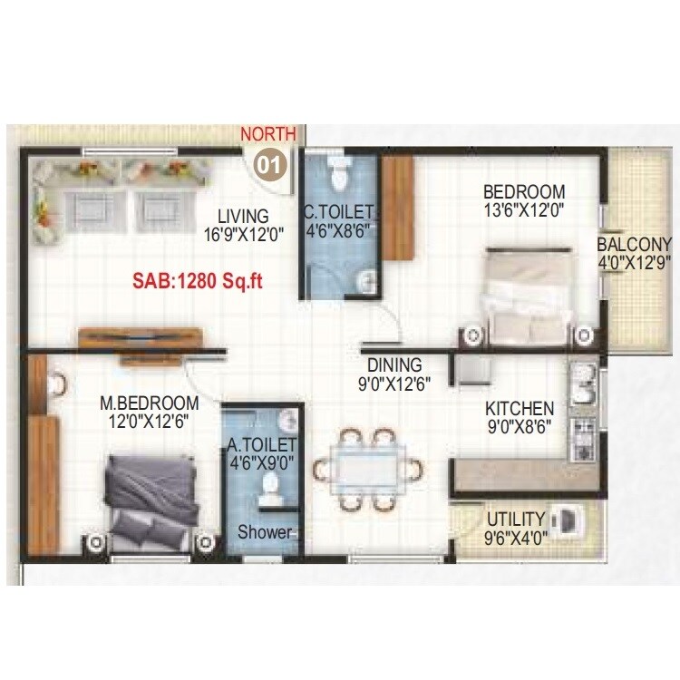 Floor plan of 2 BHK 1280 Sq. Ft. Apartment in Sai Nandana Grandeur, Bangalore