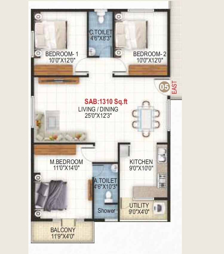 Floor plan of 3 BHK 1310 Sq. Ft. Apartment in Sai Nandana Grandeur, Bangalore