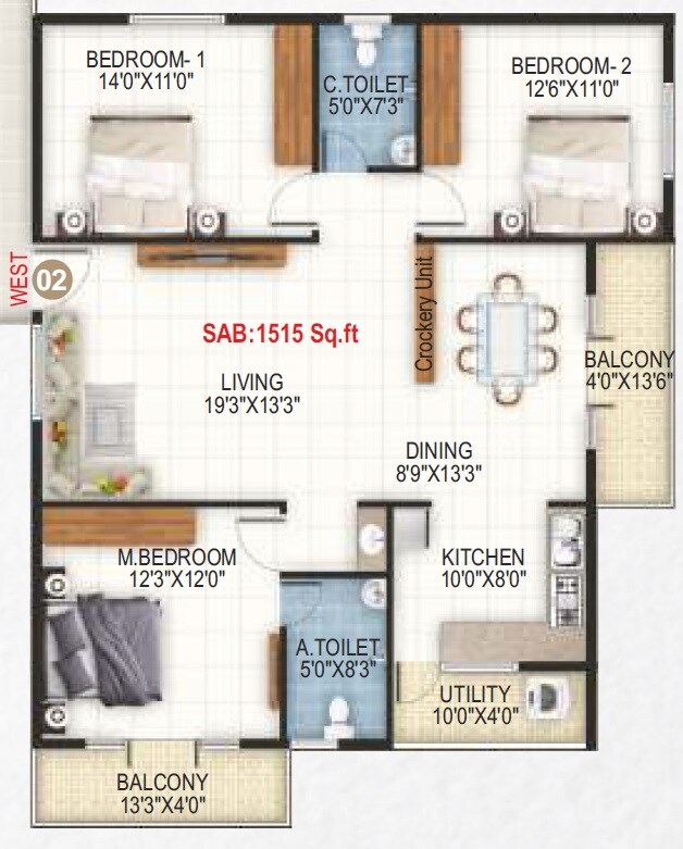 Floor plan of 3 BHK 1515 Sq. Ft. Apartment in Sai Nandana Grandeur, Bangalore