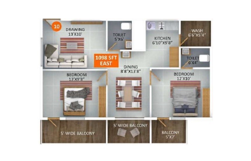 2 BHK 1098 Sq. Ft. Apartment