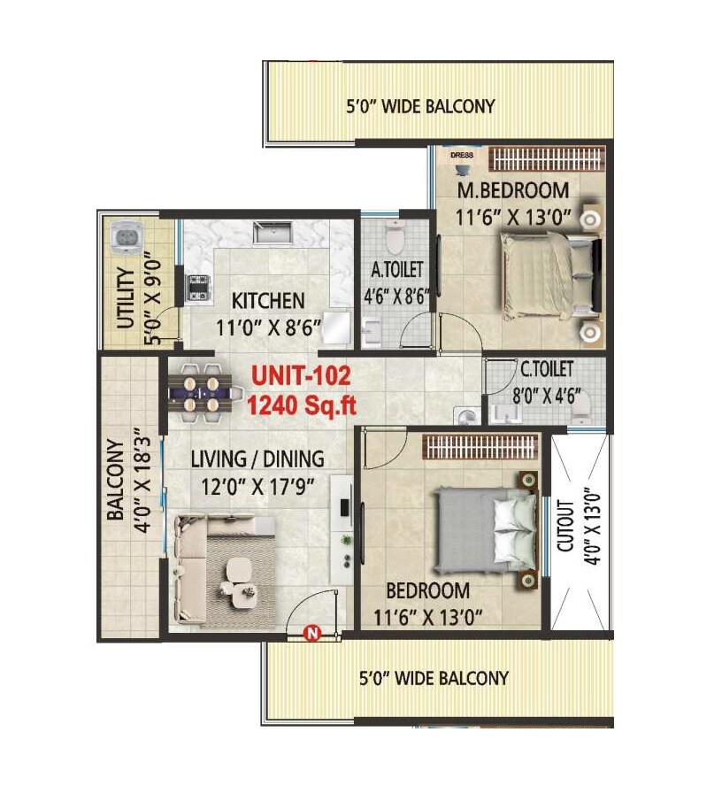 Floor plan of 2 BHK 1240 Sq. Ft. Apartment in Sai Platinum Greenfields, Bangalore