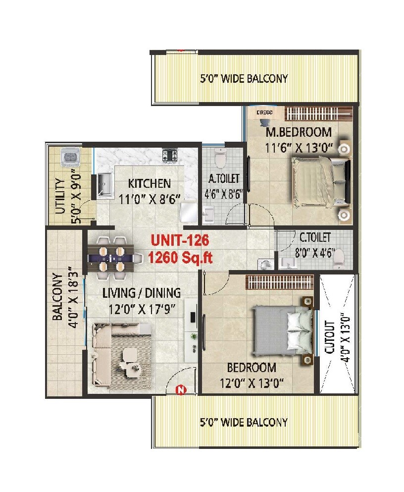Floor plan of 2 BHK 1260 Sq. Ft. Apartment in Sai Platinum Greenfields, Bangalore