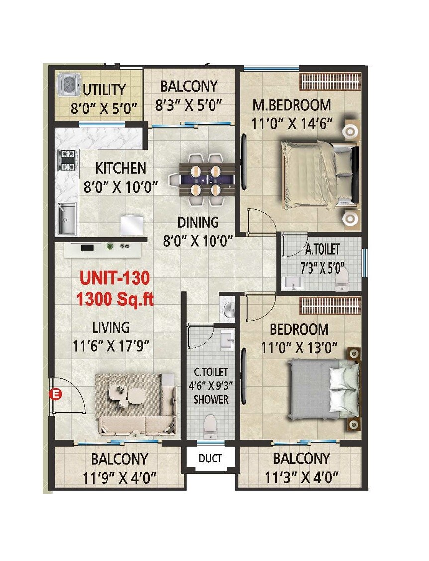 Floor plan of 3 BHK 1300 Sq. Ft. Apartment in Sai Platinum Greenfields, Bangalore