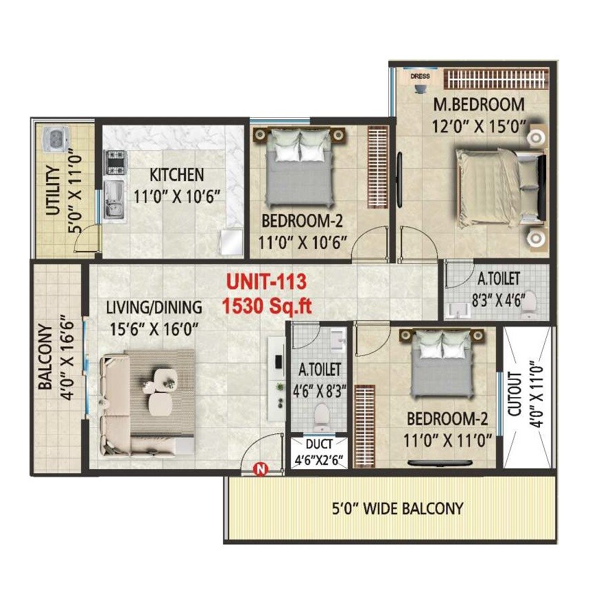 Floor plan of 3 BHK 1530 Sq. Ft. Apartment in Sai Platinum Greenfields, Bangalore