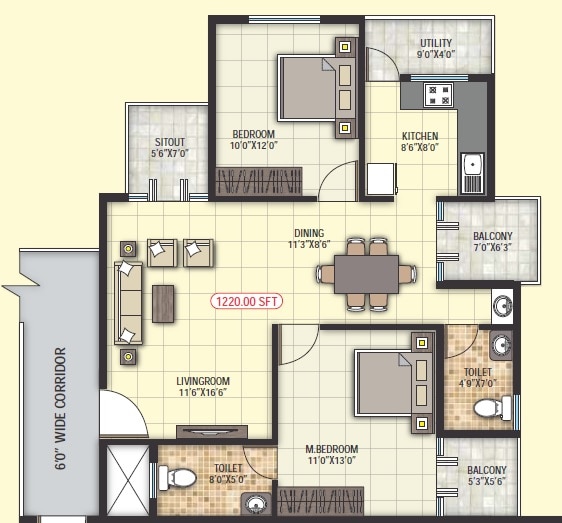 Floor plan of 2 BHK 1220 Sq. Ft. Apartment in Sai Projects Vrushabadri Towers, Bangalore