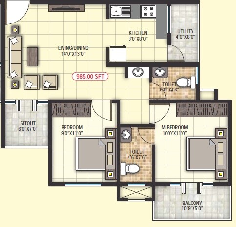 Floor plan of 2 BHK 985 Sq. Ft. Apartment in Sai Projects Vrushabadri Towers, Bangalore