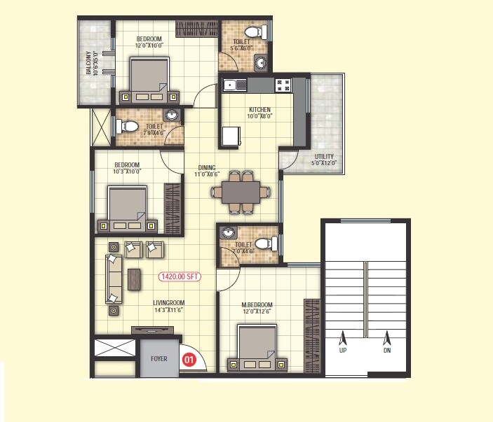 Floor plan of 3 BHK 1420 Sq. Ft. Apartment in Sai Projects Vrushabadri Towers, Bangalore