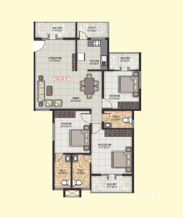 Floor plan of 3 BHK 1535 Sq. Ft. Apartment in Sai Projects Vrushabadri Towers, Bangalore