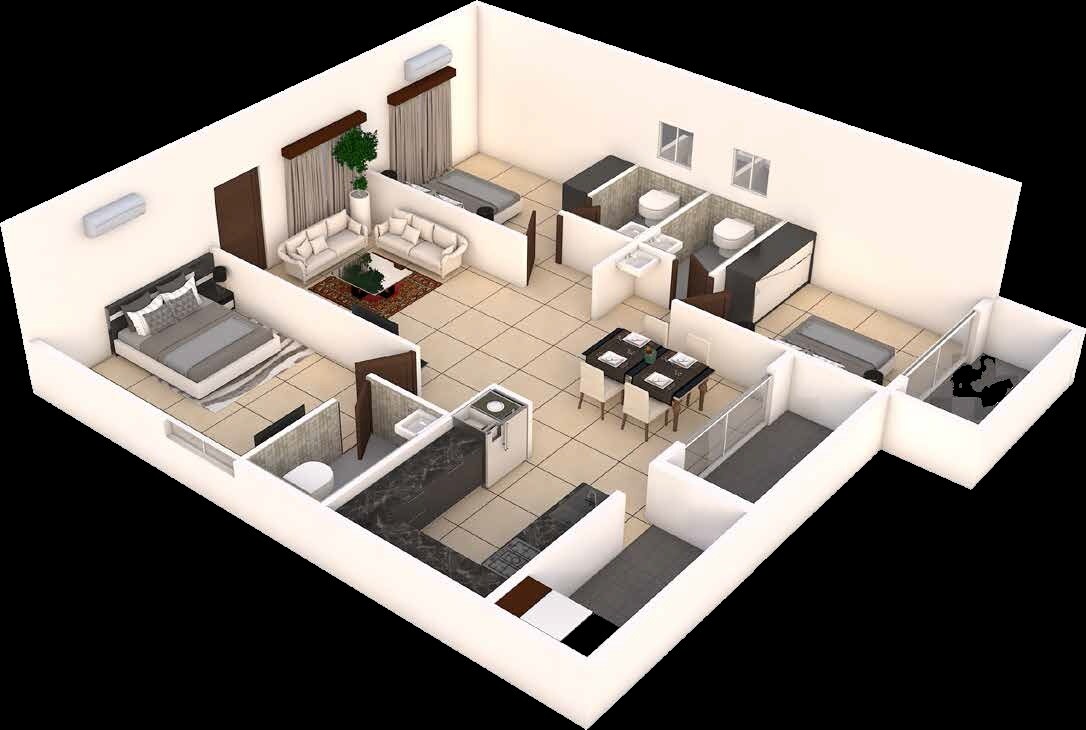 Floor plan of 3 BHK 1655 Sq. Ft. Apartment in Sai Purvi Arvindam, Bangalore