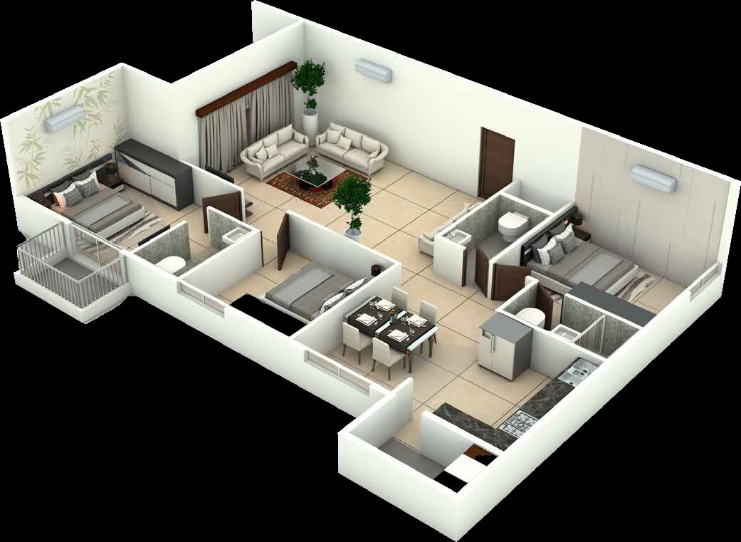 Floor plan of 3 BHK 1730 Sq. Ft. Apartment in Sai Purvi Arvindam, Bangalore