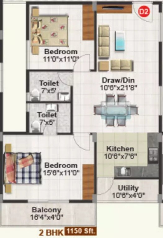Floor plan of 2 BHK 1150 Sq. Ft. Apartment in Sai Purvi Mithila, Bangalore