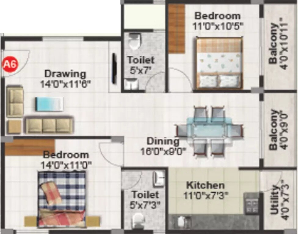 Floor plan of 2 BHK 1215 Sq. Ft. Apartment in Sai Purvi Mithila, Bangalore