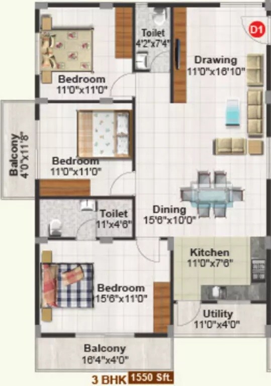 Floor plan of 3 BHK 1550 Sq. Ft. Apartment in Sai Purvi Mithila, Bangalore