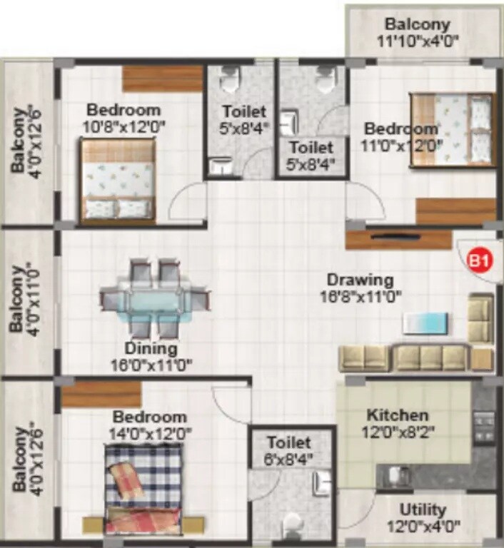 Floor plan of 3 BHK 1830 Sq. Ft. Apartment in Sai Purvi Mithila, Bangalore
