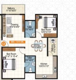 Floor plan of 2 BHK 1215 Sq. Ft. Apartment in Sai Purvi Symphony, Bangalore