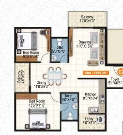Floor plan of 2 BHK 1235 Sq. Ft. Apartment in Sai Purvi Symphony, Bangalore