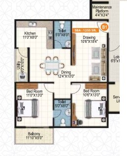 Floor plan of 2 BHK 1255 Sq. Ft. Apartment in Sai Purvi Symphony, Bangalore