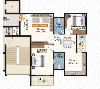 Floor plan of 2 BHK 1285 Sq. Ft. Apartment in Sai Purvi Symphony, Bangalore