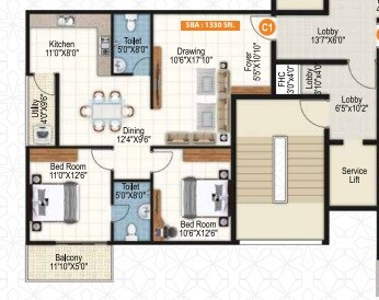 Floor plan of 2 BHK 1330 Sq. Ft. Apartment in Sai Purvi Symphony, Bangalore